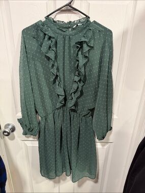 Zara Forest Green Ruffled Long-Sleeve Dress